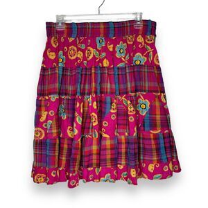 VTG Passports Of Pier 1 Floral Plaid Full Skirt Size Medium Pink Yellow Bright